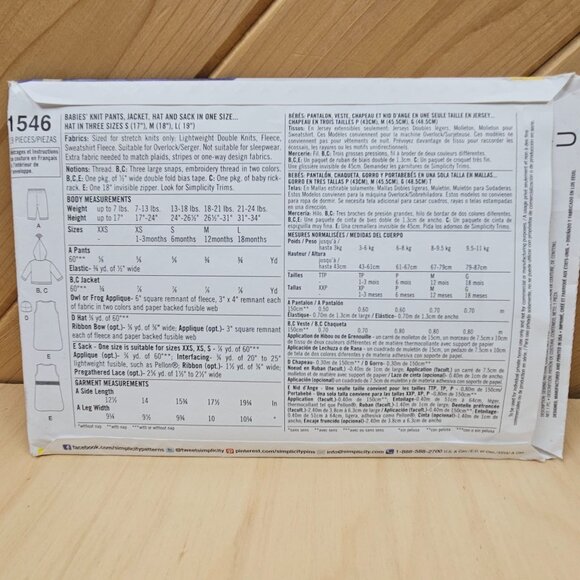 Simplicity 1546 Baby's Knit Outfit Sewing Pattern XXS-S Pants Jacket Hat Sack - Picture 2 of 4